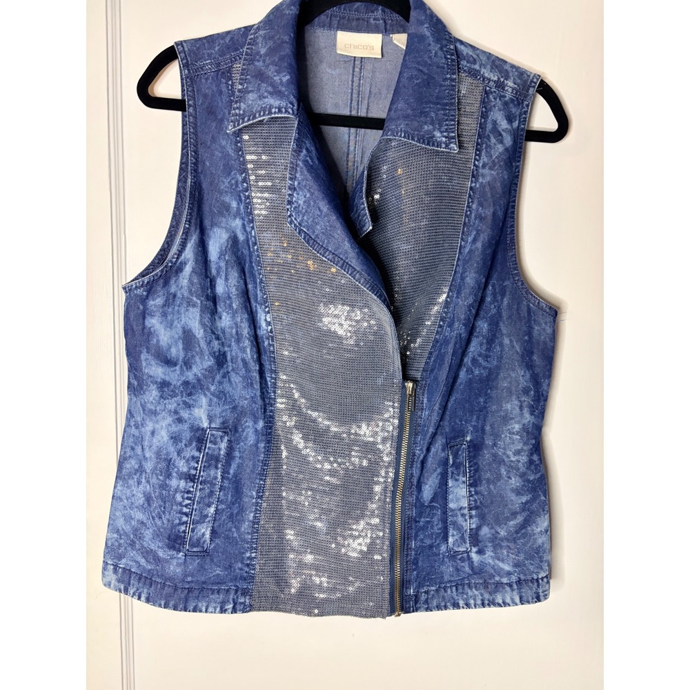 Chicos Denim Vest Sequin Acid Wash Blue Sleeveless Side Zip Jacket medium Size 1